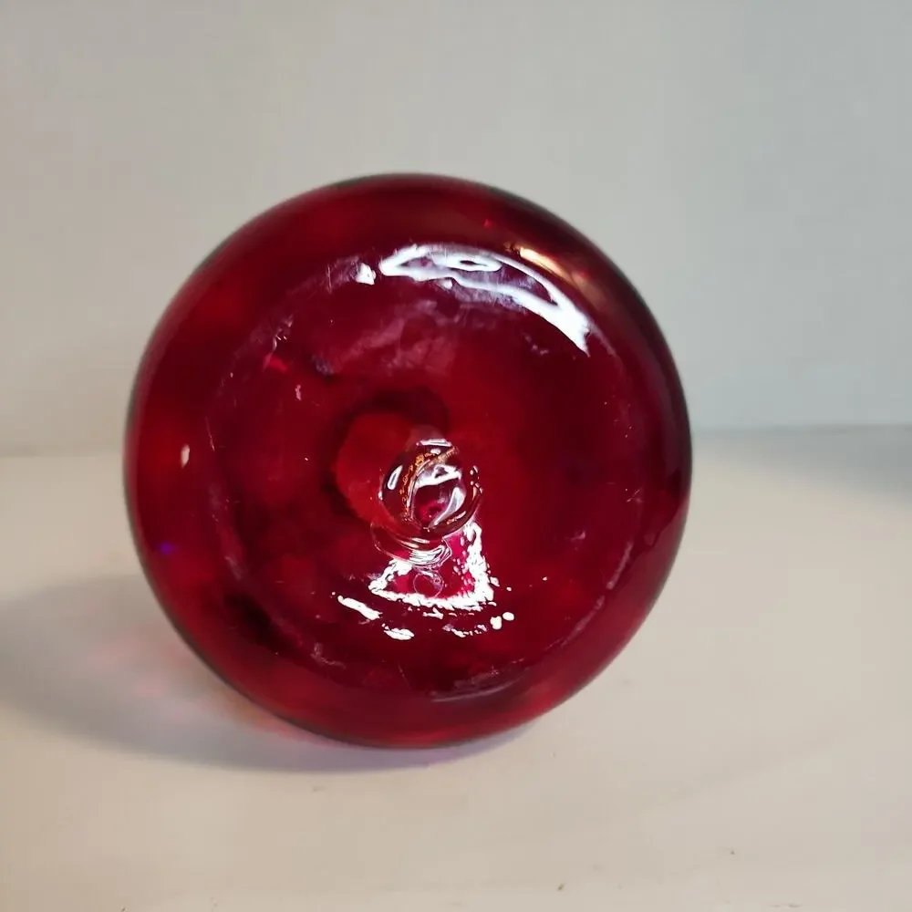 VTG Red Art Glass Optic Creamer Cruet Hand Blown Yellow Trim & Applied Handle